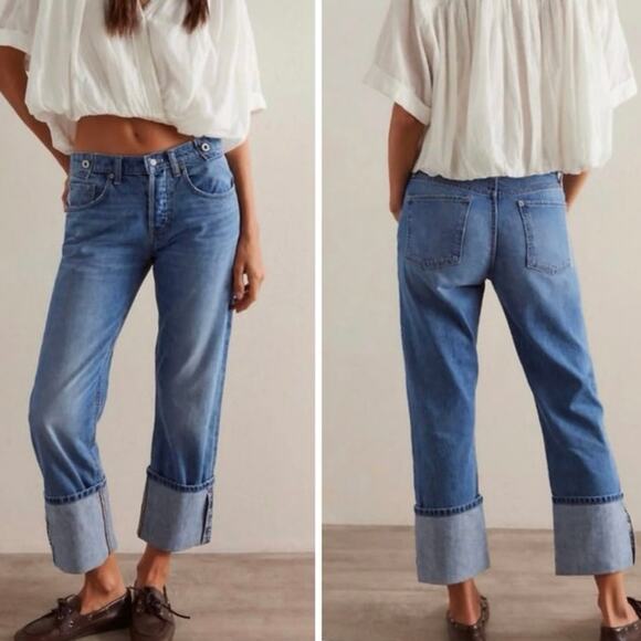 Free People We The Free Slade Slim Selvedge Cuffed Jeans Size 28 Boho Relaxed - Picture 1 of 10